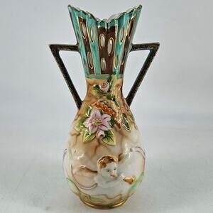 Vintage Ucagco Porcelain Hand Painted Double Handles cherub butterfly Vase Japan